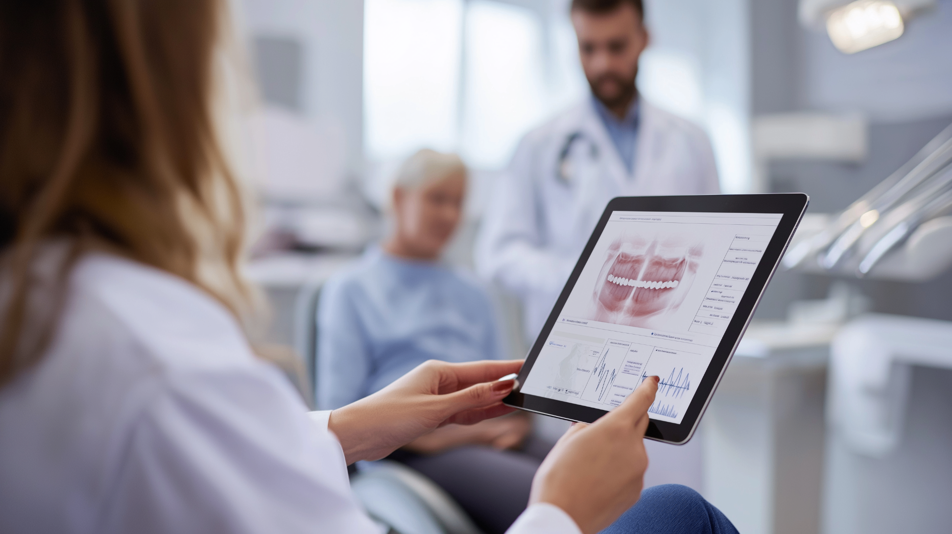 Two dental professionals reviewing marketing data on a laptop together in a modern clinical office setting