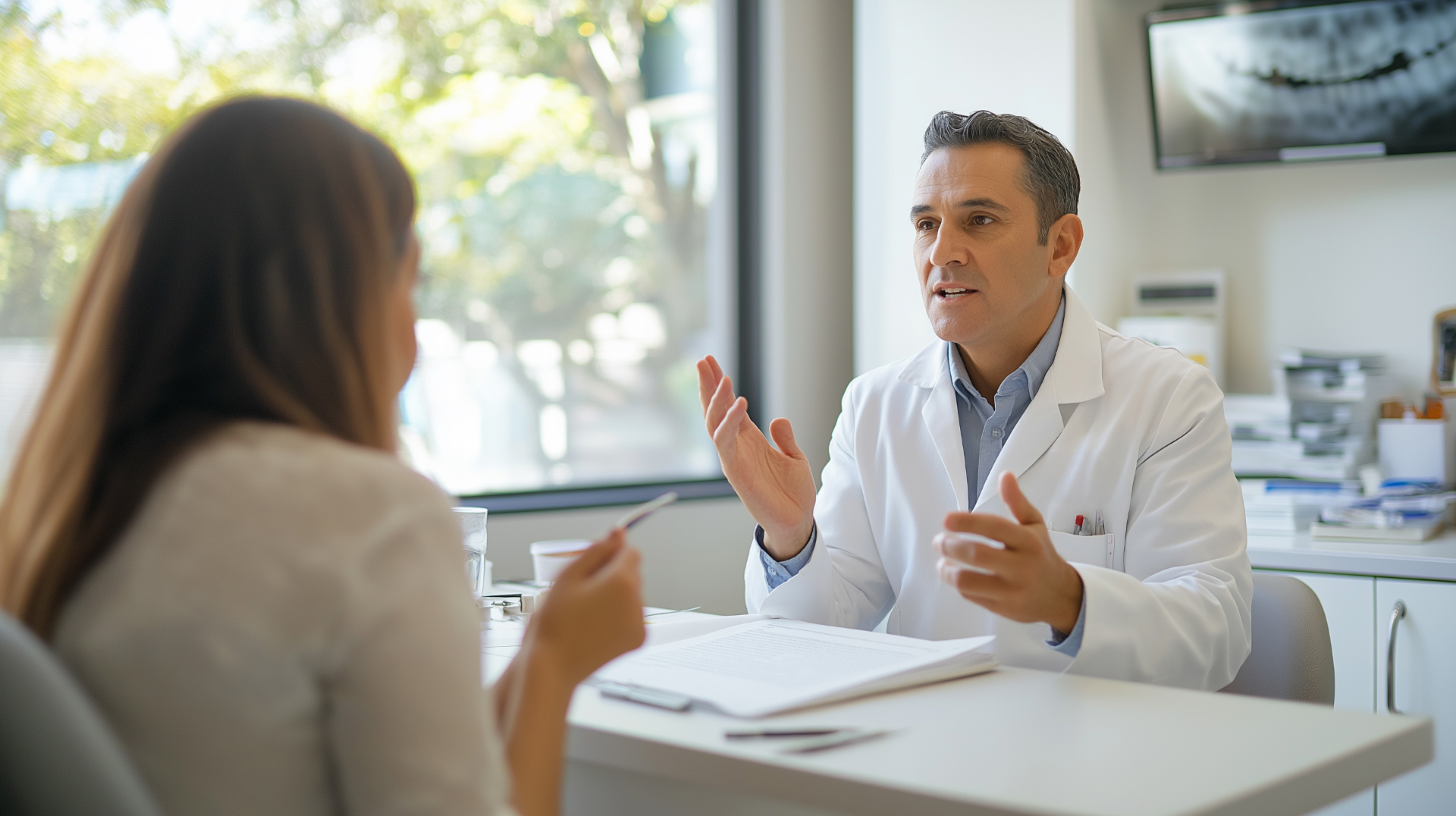 Oral surgeon discussing All-on-4 sedation options and treatment plan with a patient during a pre-surgical consultation